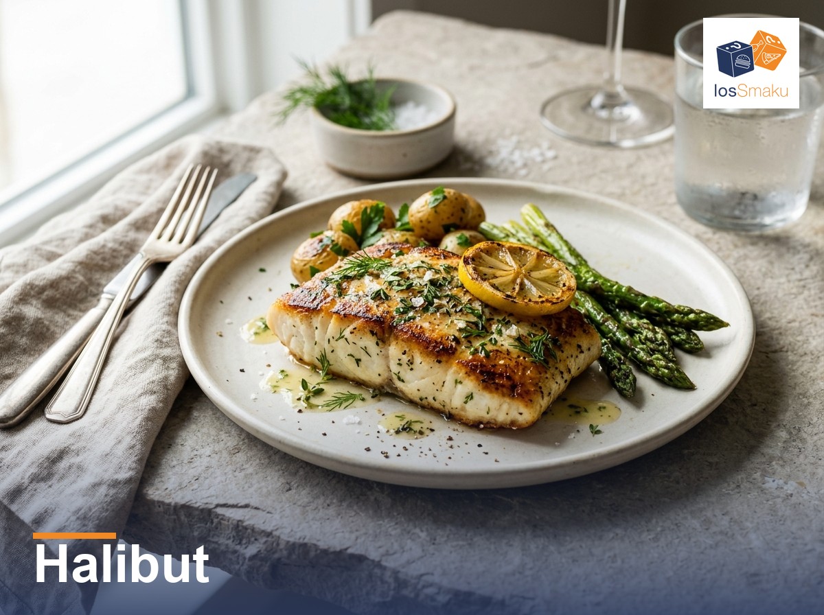 Halibut grillowany z pieczarkową pierzynką i imbirem